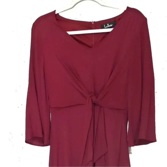 lulu’s Claremont Burgundy Tie-Front Three-Quarter Sleeve Dress - Picture 4 of 7